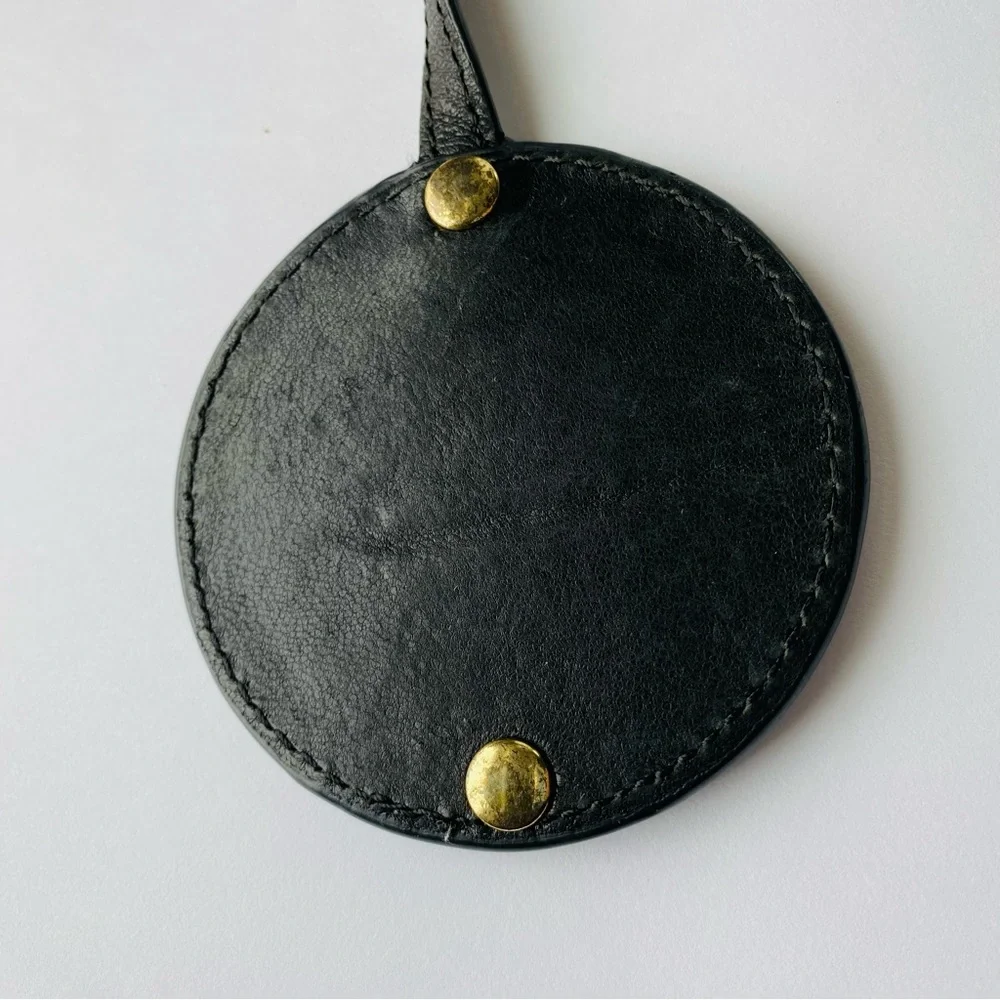 Tory Burch Black Leather Mirror/Bag Charm + Fossil Brass Leather Key Bag Charm